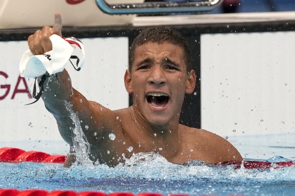 La joie d'Ahmed Hafnaoui dimanche après son sacre olympique à Tokyo.