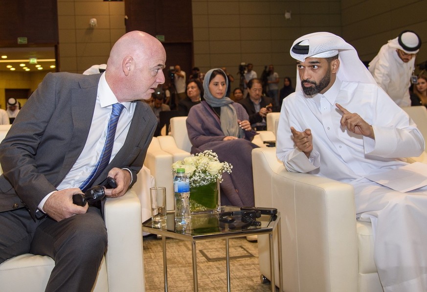 epa10289710 FIFA President Gianni Infantino (L) and Secretary General of the Supreme Committee for Delivery and Legacy, Hassan Al Thawadi (R) attend the 5th edition of the Accessibility Forum in Doha, ...