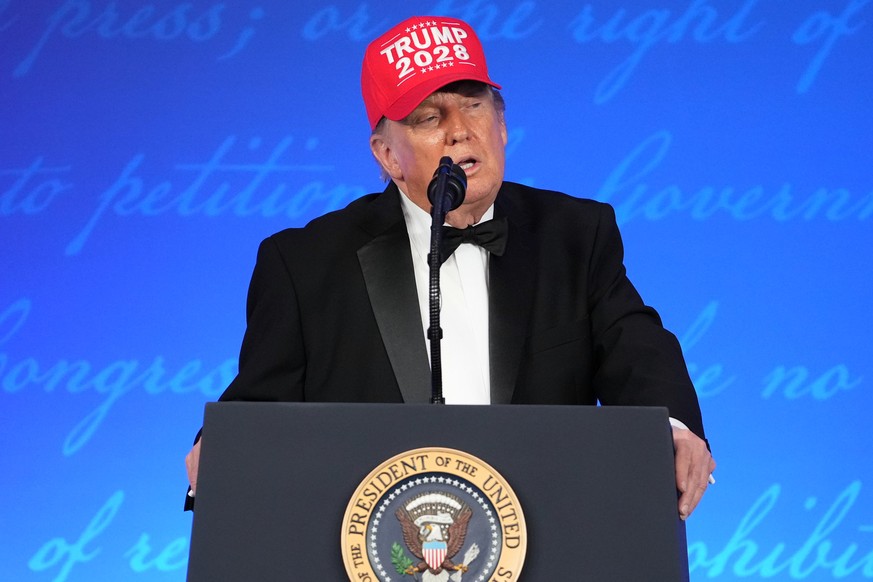 President Donald Trump speaks at the White House Correspondents' Association dinner at the Waldorf Astoria Washington DC, Friday, July 24, 2026, in Washington. (AP Photo/Mark Schiefelbein)
Donald ...