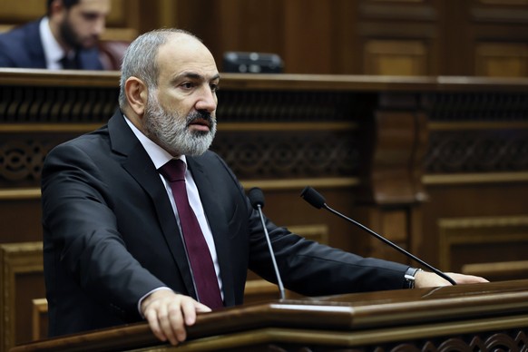 Armenian Prime minister Nikol Pashinyan delivers his speech at the National Assembly of Armenia in Yerevan, Armenia, Tuesday, Sept. 13, 2022. Armenia&#039;s prime minister says that 49 soldiers have b ...