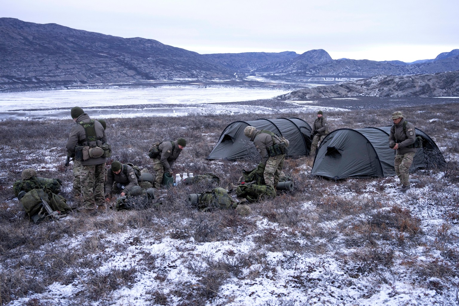 Servicemen attend the Arctic Basic Training in Kangerlussuaq, Greenland, Friday, Feb. 20, 2026. (Bo Amstrup/Ritzau Scanpix via AP)
DENMARK GREENLAND Arctic Basic Training in Kangerlussuaq, King Freder ...