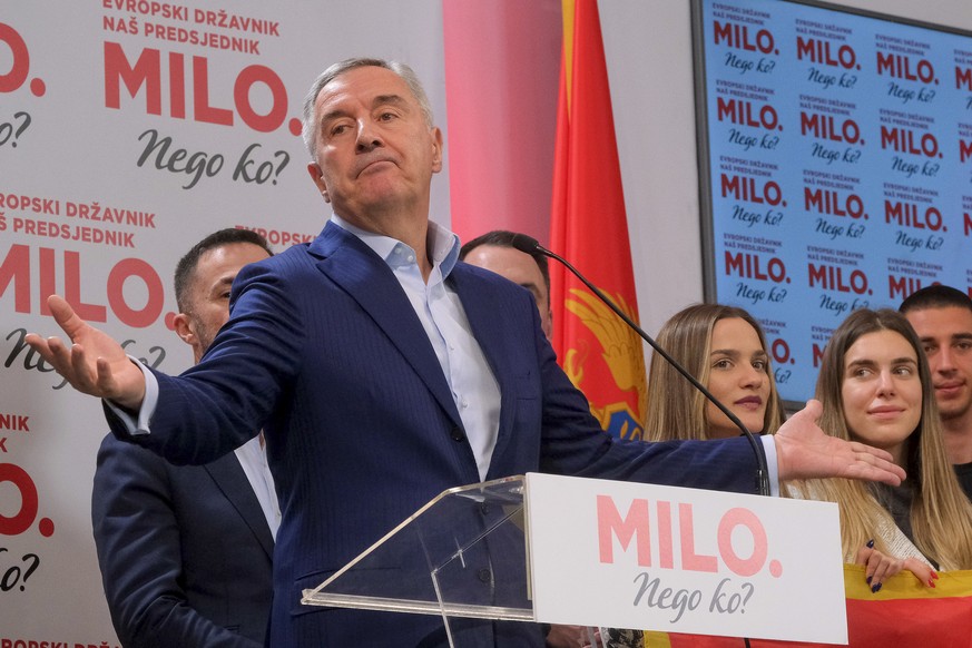 Pro-Western incumbent Milo Djukanovic speaks in his headquarters in Montenegro&#039;s capital Podgorica, Sunday, March 19, 2023. Early projections after Sunday&#039;s presidential election in Monteneg ...