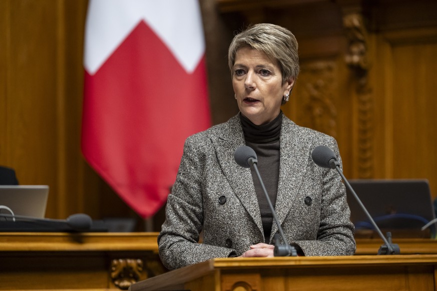 Bundesraetin Karin Keller-Sutter spricht zum Zollgesetz, an der Fruehjahrssession der Eidgenoessischen Raete, am Mittwoch, 6. Maerz 2024 im Nationalrat in Bern. (KEYSTONE/Alessandro della Valle)