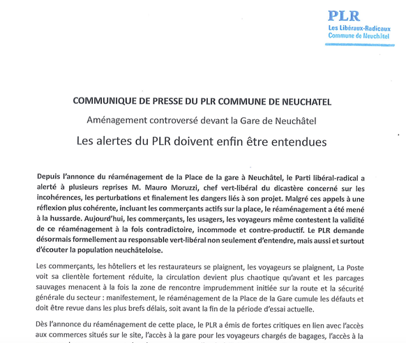 Lettre du PLR Commune de Neuchâtel