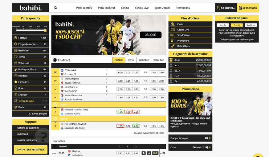 Une interface pensée pour les joueurs suisses: des gains affichés en CHF et des bannières mettant en scène des joueurs de Super League. Pourtant, ce site est illégal en Suisse.