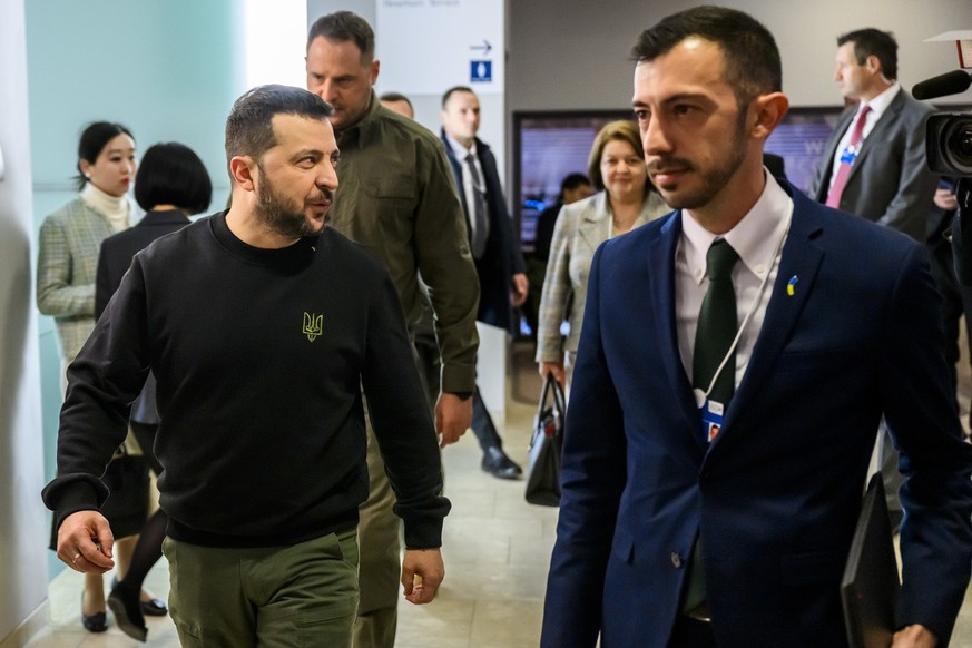 Volodymyr Zelenskyy, President of Ukraine, arrives during the 54th annual meeting of the World Economic Forum, WEF, in Davos, Switzerland, Tuesday, January 16, 2024. The meeting brings together entrep ...