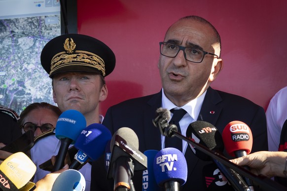 epa13093159 French Interior Minister Laurent Nunez holds a press briefing regarding the wildfire situation in Ille-sur-Tet, southern France, 06 July 2026. The blaze, which has been burning since 04 Ju ...