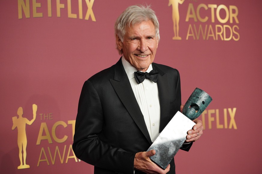 Harrison Ford poses in the press room with the lifetime achievement award during the 32nd Annual Actor Awards on Sunday, March 1, 2026, at the Shrine Auditorium and Expo Hall in Los Angeles. (Photo by ...