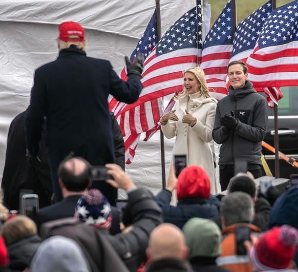 WASHINGTON, MICHIGAN - NOVEMBER 01: White House Chief spokesperson Kayleigh McEnany (L), Ivanka Trump and Jared Kushner greet President Donald Trump following a campaign rally on November 01, 2020 in  ...