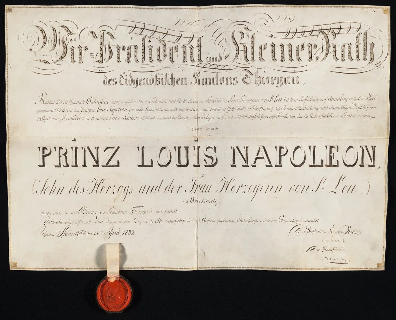 Certificat attestant la bourgeoisie d’honneur accordée à Louis-Napoléon, 1832.
https://query-staatsarchiv.tg.ch/detail.aspx?ID=211814