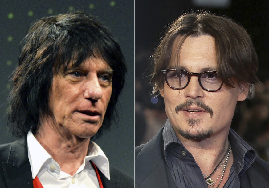 Jeff Beck appears at the 59th Ivor Novello Awards in London on May 22, 2014, left, and Johnny Depp appears at the European premiere of their film, &quot;The Rum Diary,&quot; in London on Nov. 3, 2011. ...