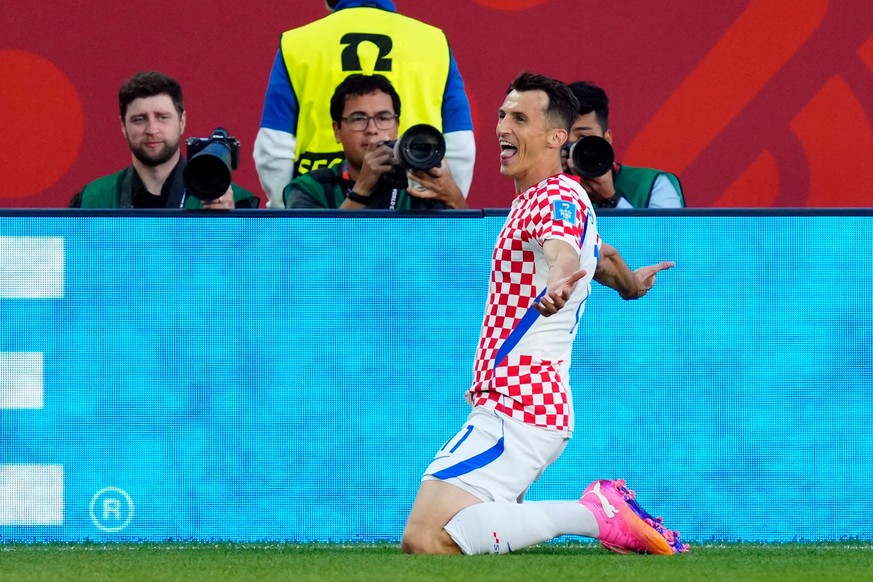 Croatia's Ante Budimir (11) celebrates a goal against Panama during the second half of a World Cup Group L soccer match, in Toronto, on Tuesday, June 23, 2026. (Frank Gunn/The Canadian Press via  ...