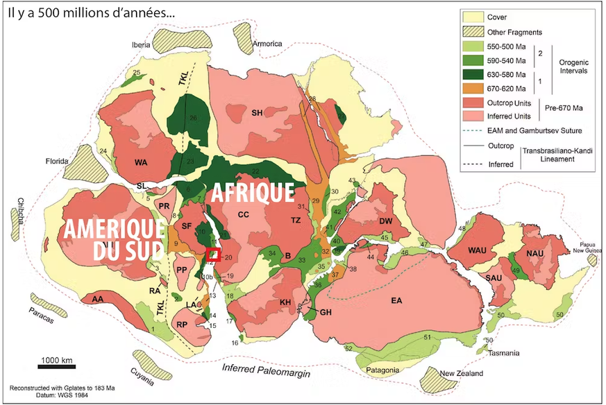 Il y a 500 millions d’années, l’Amérique du Sud et l’Afrique ne faisaient qu’une. Le cadre rouge indique la position géographique de Rio de Janeiro.