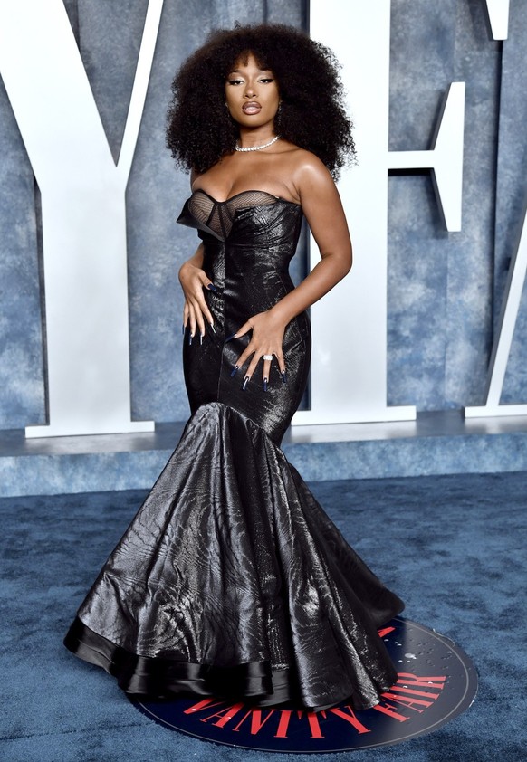 Megan Thee Stallion arrives at the Vanity Fair Oscar Party on Sunday, March 12, 2023, at the Wallis Annenberg Center for the Performing Arts in Beverly Hills, Calif. (Photo by Evan Agostini/Invision/A ...