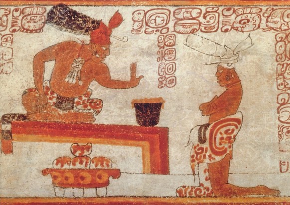 Image from a Maya ceramic depicting a container of frothed chocolate
https://en.wikipedia.org/wiki/History_of_chocolate#/media/File:Mayan_people_and_chocolate.jpg