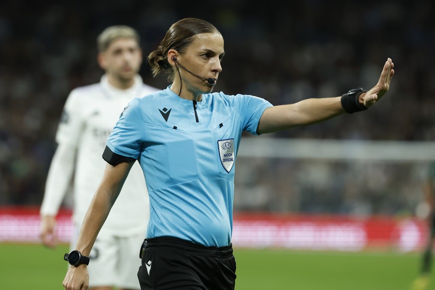 epa10282023 French referee Stephanie Frappart reacts during the UEFA Champions League group F soccer match between Real Madrid and Celtic Glasgow held at Santiago Bernabeu stadium in Madrid, Spain, 02 ...