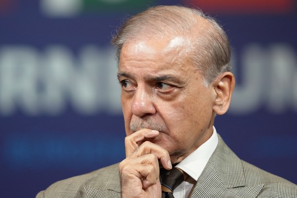 Pakistan's Prime Minister Shehbaz Sharif attends a quadrilateral meeting between the U.S., Iran, Pakistan, and Qatar at the Buergenstock Resort Lake Lucerne, near Stansstad, Switzerland, Sunday,  ...