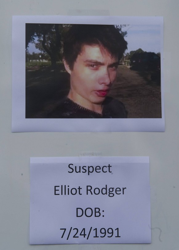 A picture of Elliot Rodger is displayed during a news conference by local police in Santa Barbara County, Southern California of the United States, May 24, 2014. Local police confirm that Elliot Rodge ...