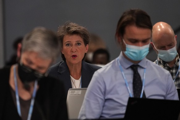 Simonetta Sommaruga, a member of the Swiss Federal Council speaks at a plenary session at the COP26 U.N. Climate Summit in Glasgow, Scotland, Friday, Nov. 12, 2021. Negotiators from almost 200 nations ...