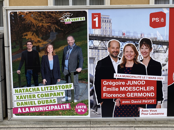 Affiches électorales à Lausanne. Ici, Les Verts et le PS.