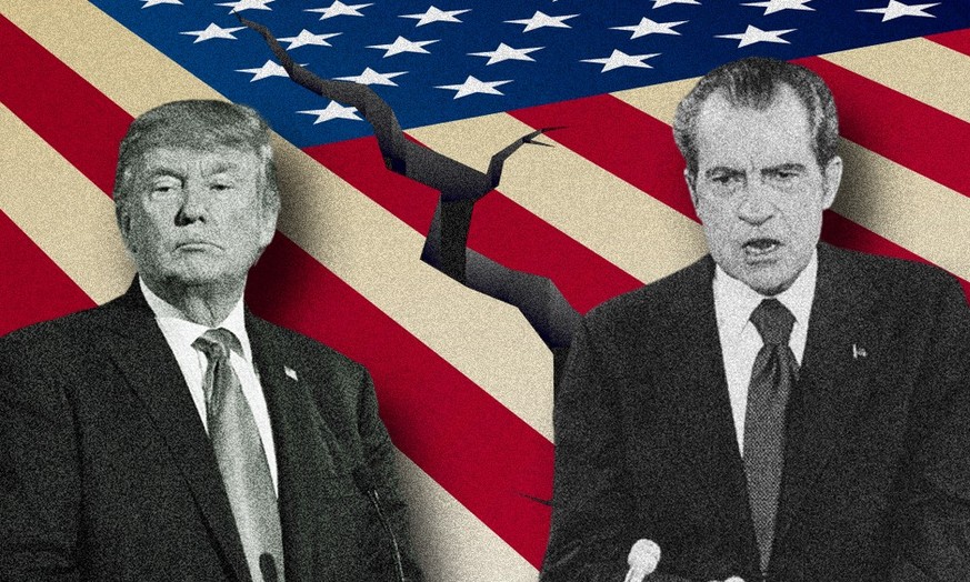 Richard Nixon und Donald Trump vor zerrissener US-Flagge, Gefahr für die Demokratie