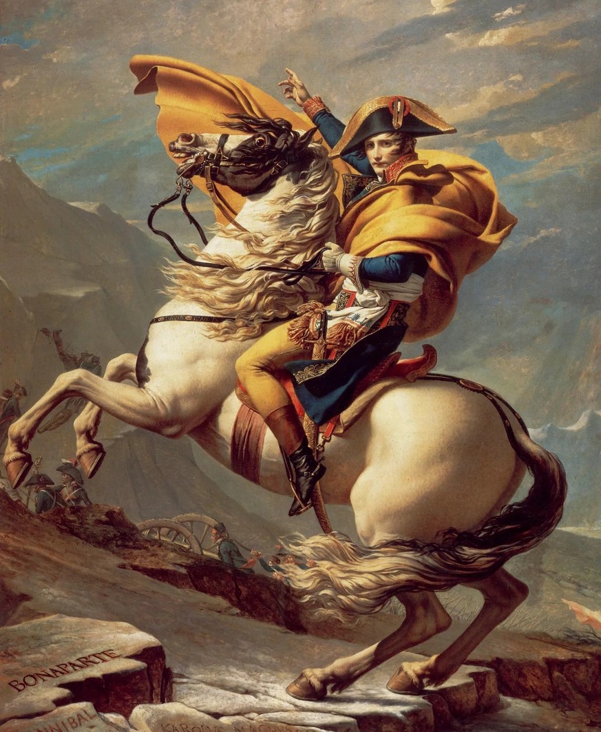 Napoléon au Grand-Saint-Bernard, peint par Jacques-Louis David. Ce tableau est le premier d’une série de cinq versions de ce même motif.
https://de.wikipedia.org/wiki/Bonaparte_beim_%C3%9Cberschreiten ...
