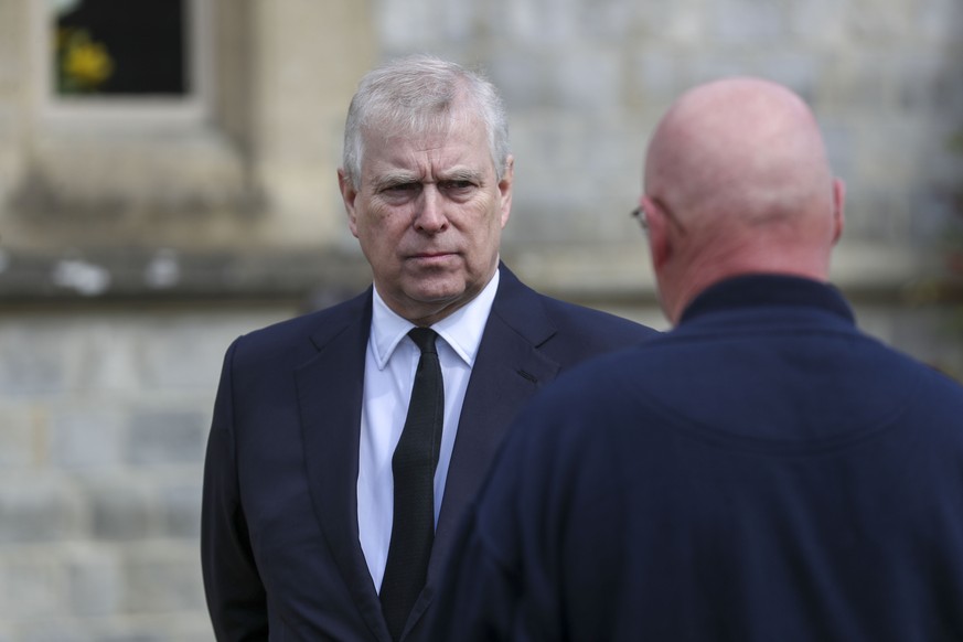 FILE - Britain&#039;s Prince Andrew attends the Sunday service at the Royal Chapel of All Saints at Royal Lodge, Windsor, following the death announcement of his father, Prince Philip, in England, Sun ...