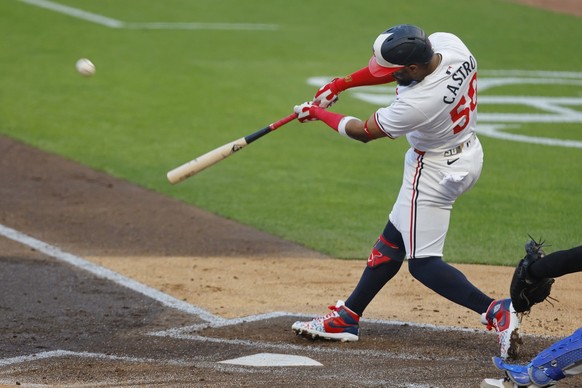 Minnesota Twins&#039; Willi Castro hits a three-run home run against the Kansas City Royals in the second inning of a baseball game Monday, Aug. 12, 2024, in Minneapolis. (AP Photo/Bruce Kluckhohn)