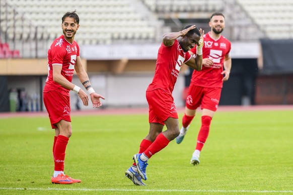 Joie des joueurs du SLO apres le but du 5:0 marque par l&#039;attaquant du SLO Teddy Okou, centre, lors de la rencontre de football de Challenge League entre FC Stade Lausanne Ouchy et AC Bellinzona l ...