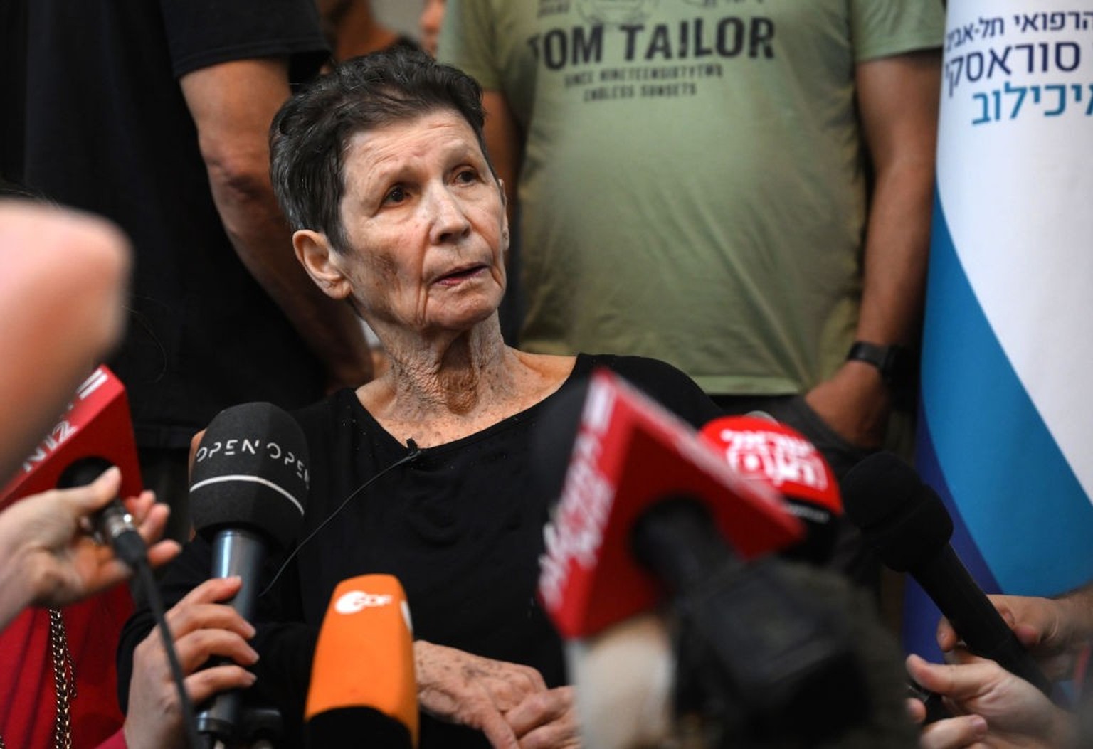 TEL AVIV, ISRAEL - OCTOBER 24: Yocheved Lifshitz speaks to the media outside Ichilov Hospital after she was released by Hamas last night, on October 24, 2023 in Tel Aviv, Israel. Last night, two hosta ...