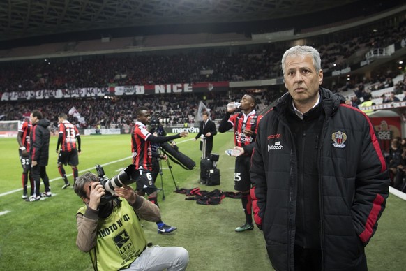 OGC Nice&#039;s Swiss head coach Lucien Favre gestures during the French Ligue 1 soccer match, between OGC Nice and Toulouse FC, at the Allianz Riviera stadium, in Nice, France, Sunday, December 4, 20 ...