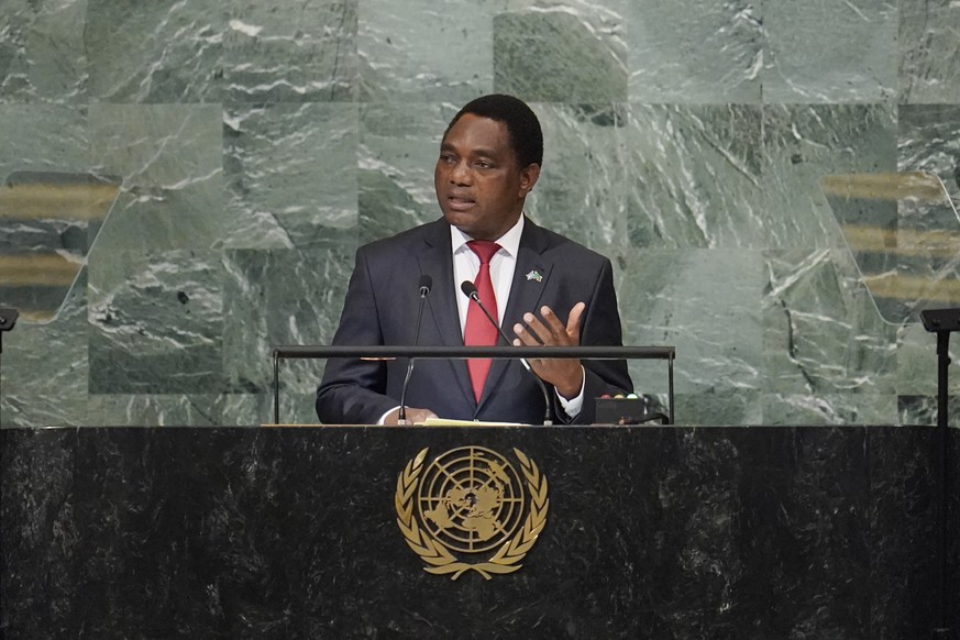 President of Zambia Hakainde Hichilema addresses the 77th session of the United Nations General Assembly, Wednesday, Sept. 21, 2022, at U.N. headquarters. (AP Photo/Mary Altaffer)