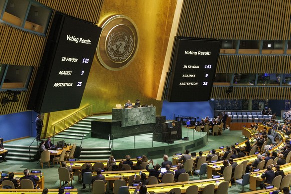 epa11331538 The United Nations General Assembly votes on a Palestinian bid to become a full UN member, which ultimately passed, at the United Nations Headquarters in New York, New York, USA, 10 May 20 ...