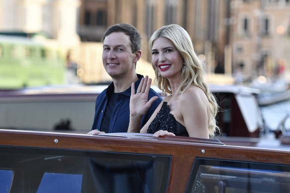 Ivanka Trump, right, and Jared Kushner leave a hotel during celebrations for Jeff Bezos and Lauren Sanchez Bezos&#039; wedding, in Venice, Saturday, June 28, 2025. (AP Photo/Luigi Costantini)