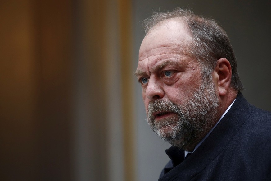 French Justice Minister Eric Dupond-Moretti, attends a news conference following the weekly cabinet meeting at the Elysee Palace in Paris, France, Wednesday, April 28, 2021. Seven Italians convicted o ...