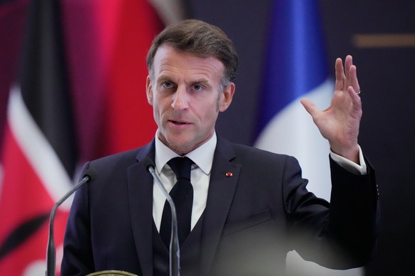 France's President Emmanuel Macron speaks during a joint press conference with Kenya's President William Ruto at State House in Nairobi, Kenya, Sunday, May 10, 2026. (AP Photo/Brian Inganga) ...
