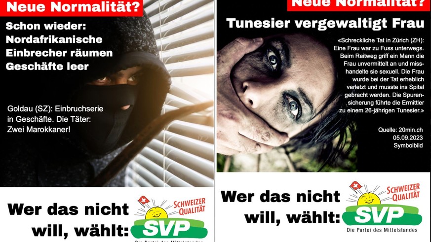 Deux des affiches provocs de l'UDC, l'une en rapport avec des voleurs, «deux Marocains» (à gauche), l'autre avec l'auteur d'un viol, «un Tunisien de 26 ans» (à droite).