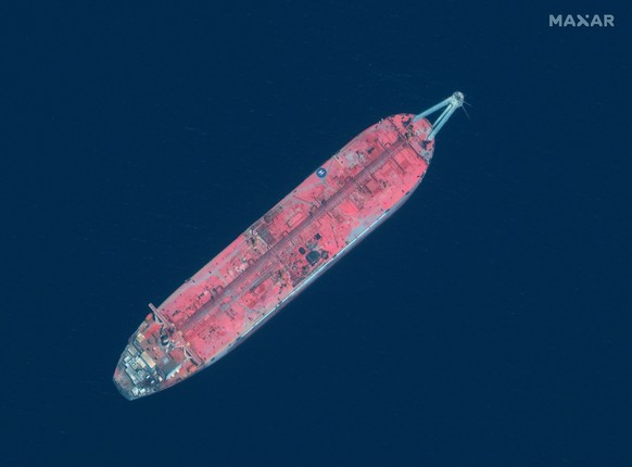 FILE - This satellite image provided by Maxar Technologies shows the FSO Safer tanker moored off Ras Issa port, Yemen on June 17, 2020. An agreement has been reached in principle on a U.N.-coordinated ...