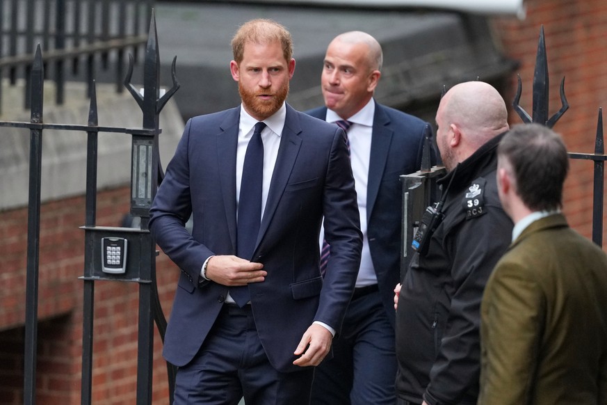 Britain's Prince Harry arrives at London's High Court to lead a group, including Elton John and Elizabeth Hurley, accusing the Daily Mail's publisher of privacy invasion through unlawfu ...
