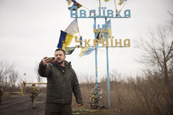 In this photo provided by the Ukrainian Presidential Press Office, Ukrainian President Volodymyr Zelenskyy visits Avdiivka, the site of fierce battles with the Russian troops in the Donetsk region, Uk ...