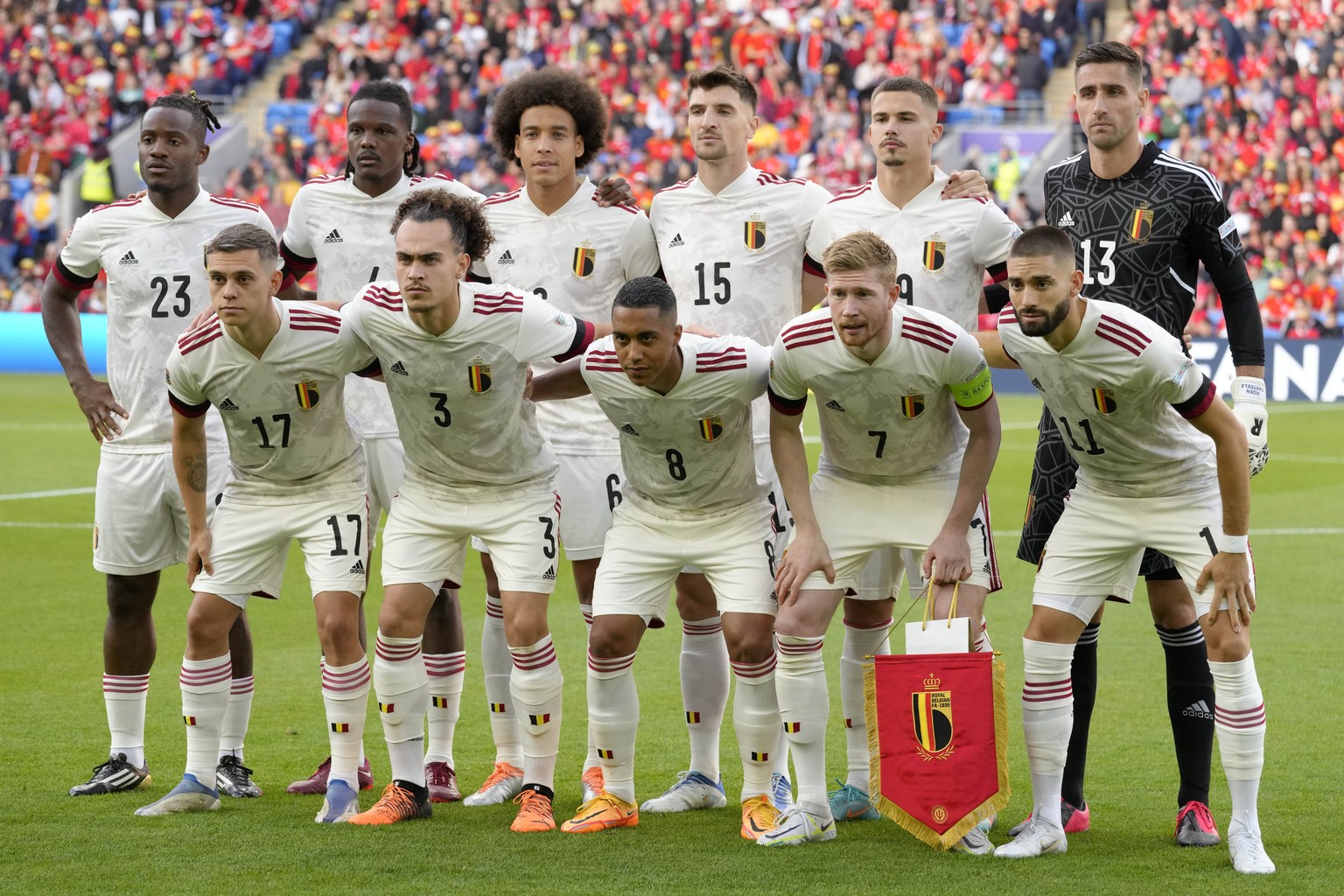 Team Belgium poses for photographers before the UEFA Nations League soccer match between Wales and Belgium at the Cardiff City stadium in Cardiff, Wales, Saturday, June 11, 2022. (AP Photo/Kirsty Wigg ...