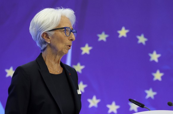 epa10084003 European Central Bank (ECB) President Christine Lagarde speaks during a press conference following a meeting of the Governing Council of the European Central Bank in Frankfurt am Main, Ger ...