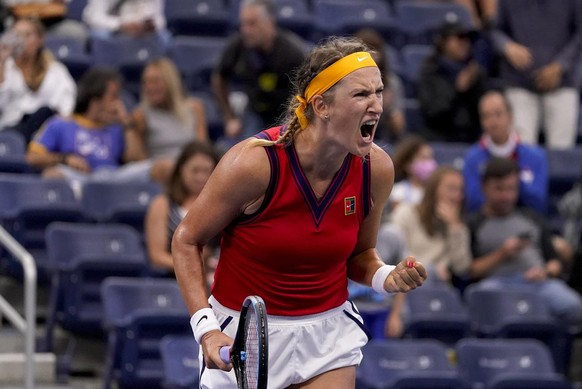 Victoria Azarenka, of Belarus, celebrates her win over Jasmine Paolini, of Italy, during the second round of the US Open tennis championships, Wednesday, Sept. 1, 2021, in New York. (AP Photo/Seth Wen ...