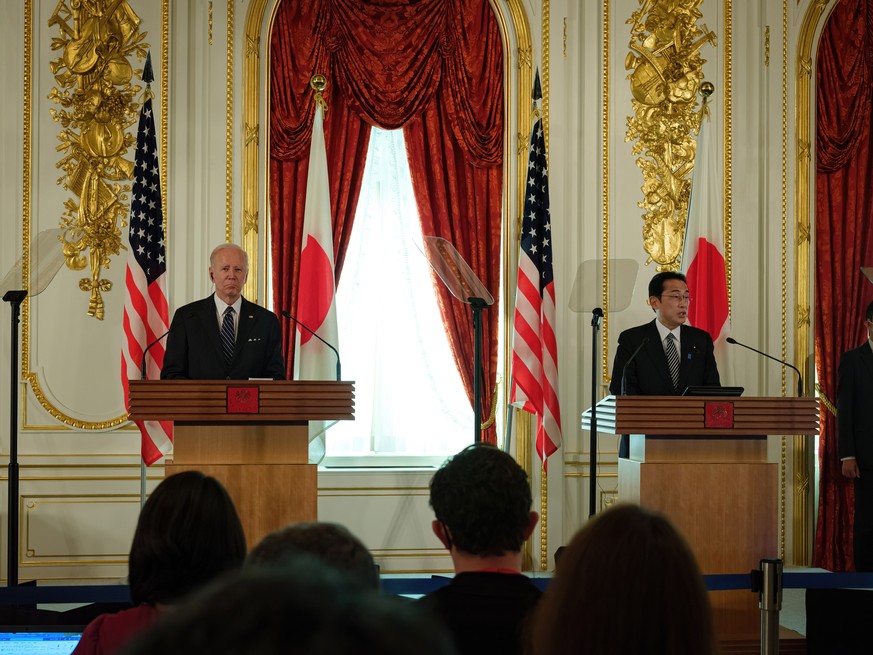 epa09968166 US President Joe Biden (L) and Japanese Prime Minister Fumio Kishida (R) attend a joint press conference at Akasaka Guest House in Tokyo, Japan, 23 May 2022. The US president is in Japan o ...