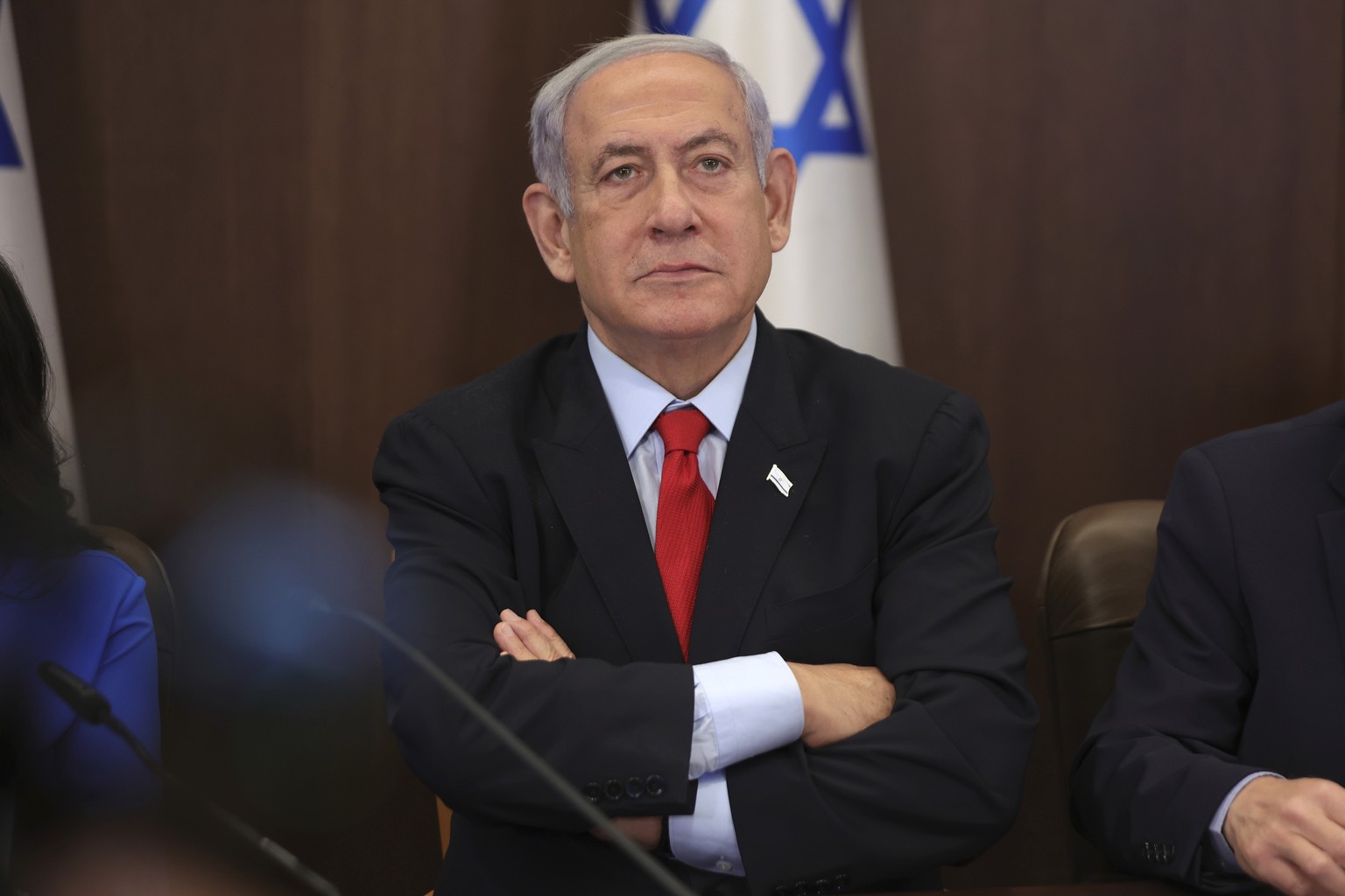 Israeli Prime Minister Benjamin Netanyahu attends the weekly cabinet meeting at the prime minister&#039;s office in Jerusalem, Israel, Sunday, July 30, 2023. (Abir Sultan/Pool Photo via AP)
