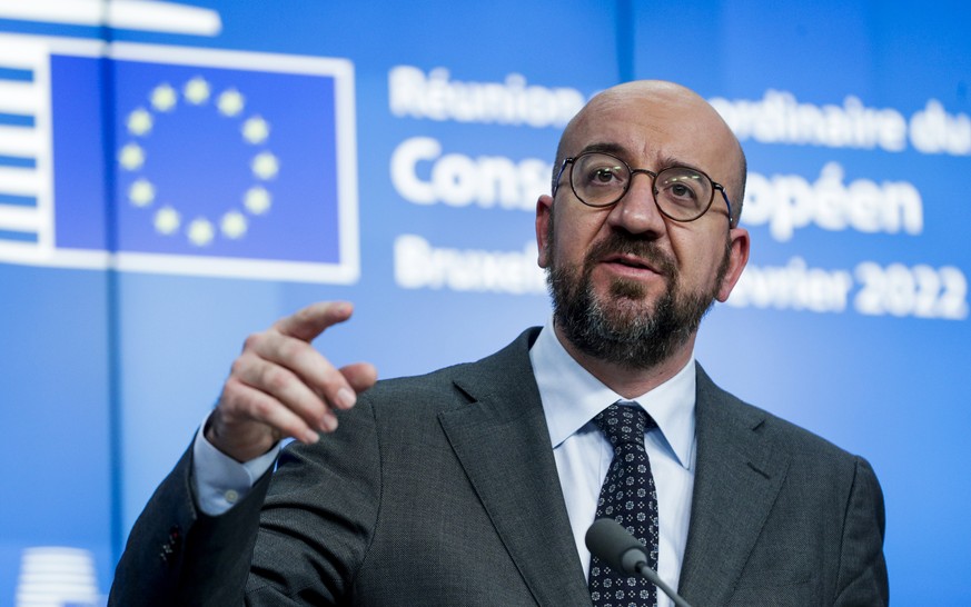 European Council President Charles Michel speaks during a media conference after an extraordinary EU summit on Ukraine in Brussels, Friday, Feb. 25, 2022. European Union leaders put on a united front  ...