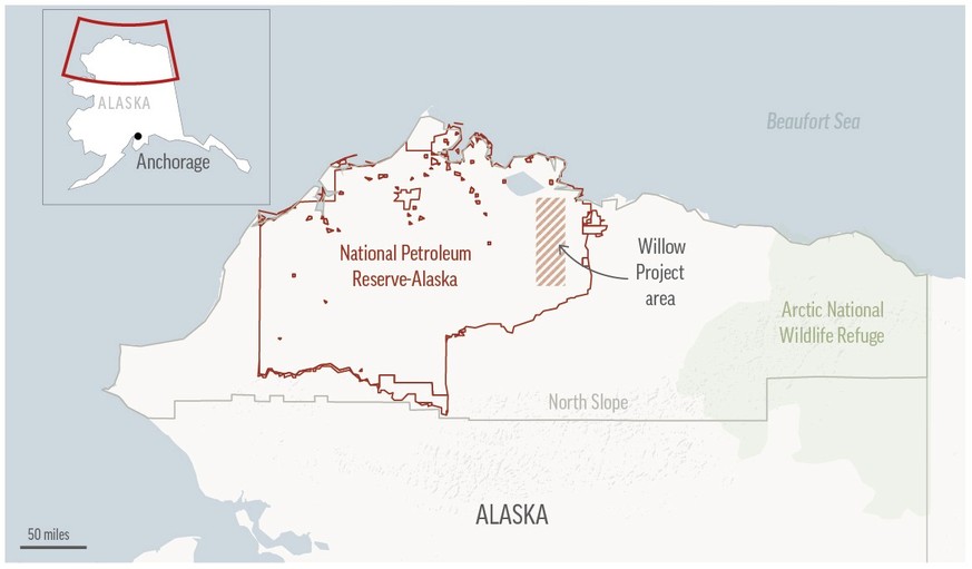 Map locates the Willow oil-drilling project in Alaska&#039;s Western Arctic, which the Biden administration approved March 13.