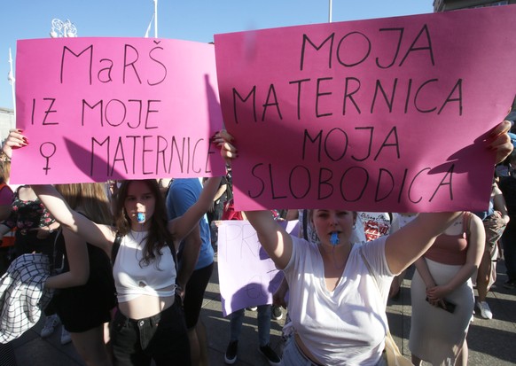 epa09942909 People gather in a protest to support all women who are denied their legal right to abortion and other forms of medical care, in downtown Zagreb, Croatia, 12 May 2022. The protesters expre ...