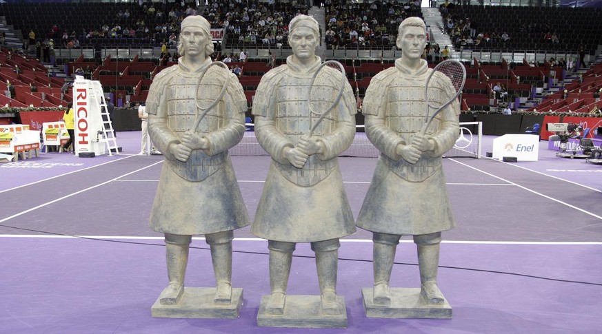 In this photo provided by Mutua Madrilena Masters Madrid Tuesday Oct. 16, 2007, three terracotta statues representing tennis players Rafael Nadal, Roger Federer and Novak Djokovic are displayed on the ...