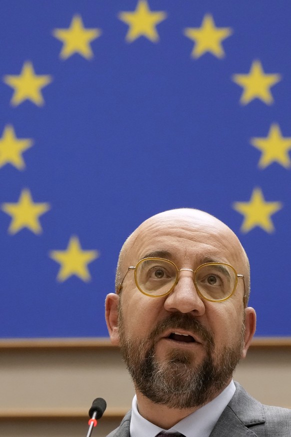 European Council President Charles Michel speaks during a plenary session at the European Parliament in Brussels, Wednesday, March 29, 2023. (AP Photo/Virginia Mayo)